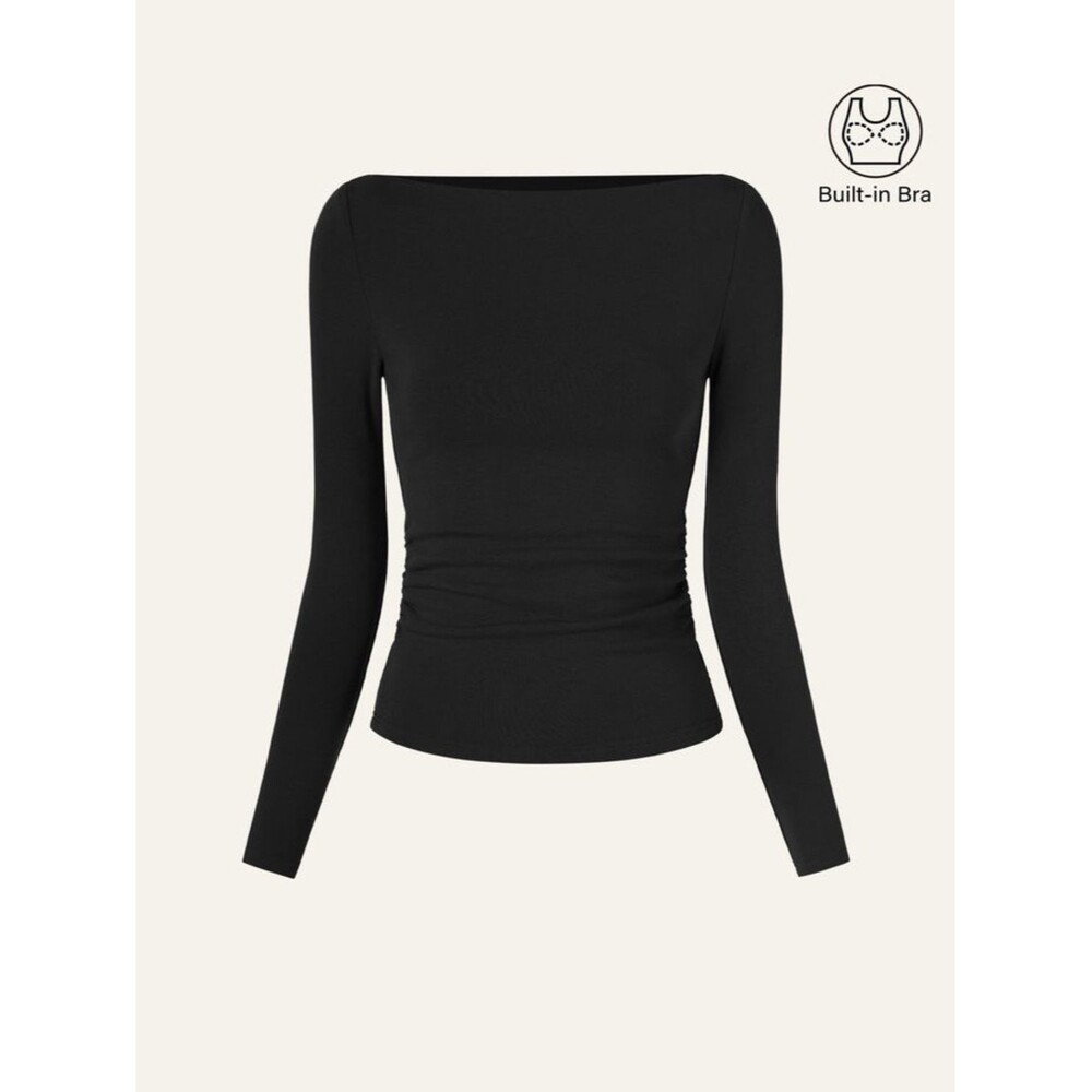 NWT OGL Women's Long Sleeve Boatneck Side Ruched Bra Top Classic Black Size M